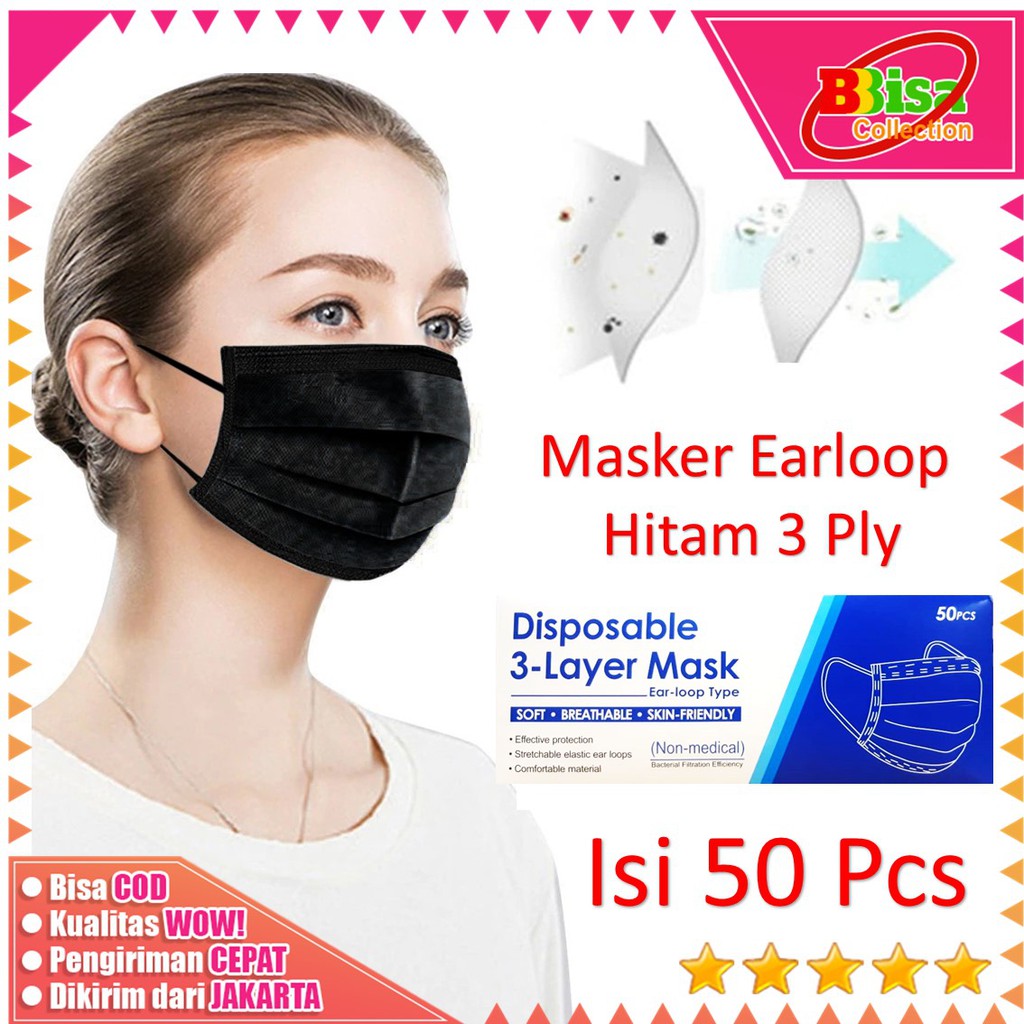 BBBC Masker Hitam 3Ply Masker Mulut Black 50 Pcs Facemask Earloop ...