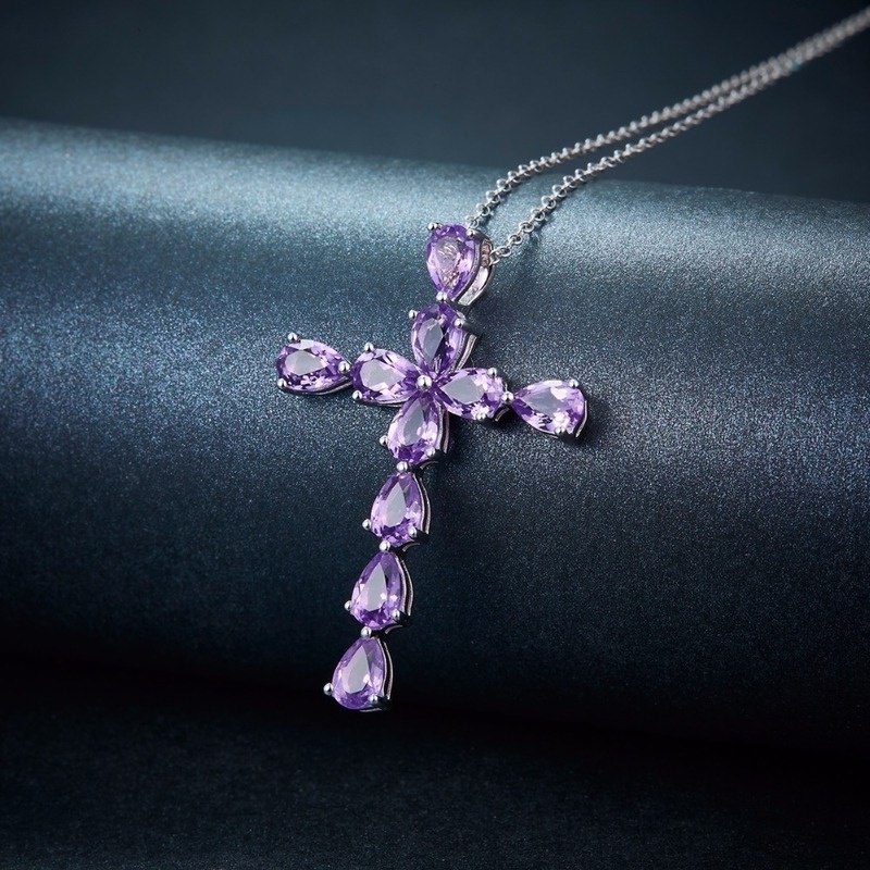 [Ready Stock]Fashion Plated 925 Silver Inlay Amethyst Cross Pendant Necklace