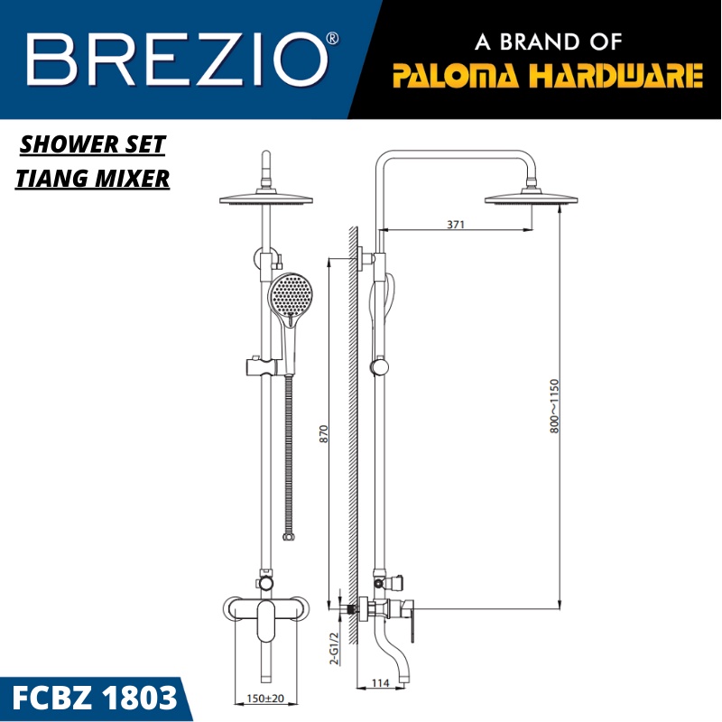 BREZIO FCBZ 1803 SHOWER TIANG SET MIXER PANAS DINGIN HITAM BLACK MATTE KERAN KRAN AIR