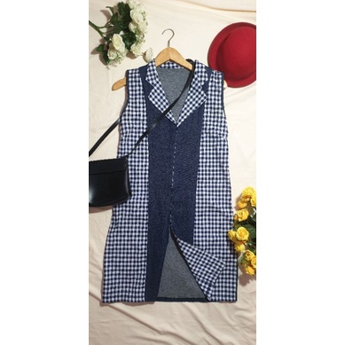 Outer Bahan Denim Motif Tartan