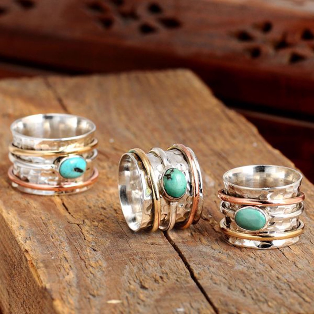 Hu Hu Hu Hu Hu Alat Bantu Pasang Kacamata♡ Cincin Pria Tiga Warna Turquoises Gaya Bohemian Vintage Untuk Kencan