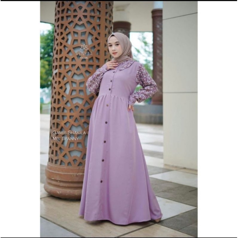 Gamis Venyta Polos kombinasi Motif