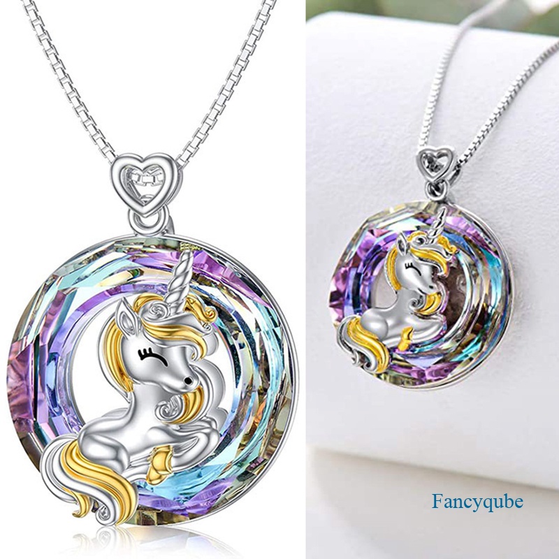 Fancyqube Kalung Liontin Unicorn Kristal Warna-Warni Untuk Wanita