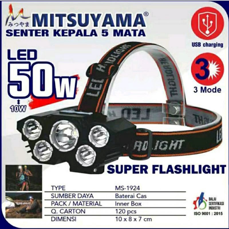 Mitsuyama MS-1924 Senter Kepala Cas LED 5 Mata USB Rechargeable 50 Watt Original