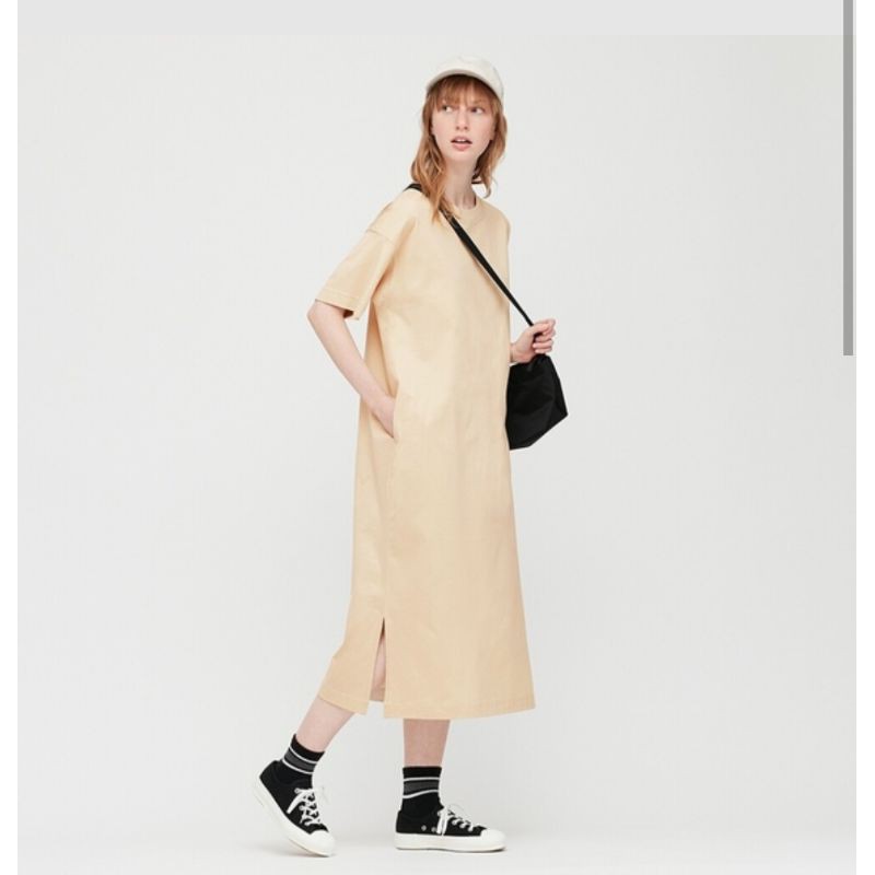 WOMEN GAUN T PANJANG MERCERIZED KATUN LENGAN PENDEK UNIQLO