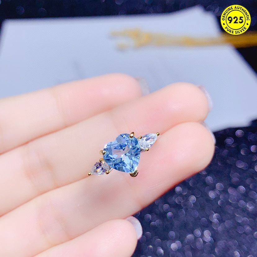 Cincin Batu Permata Topaz Biru Langit Bentuk Hati Model Terbuka