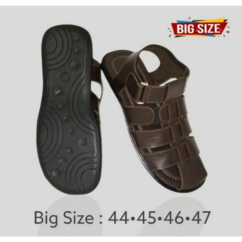 JUMBO - Sandal Flat Big Size Pria 44-47 /Sendal Sepatu Besar KULIT Bapak2 Kakek Opa Hitam, 44