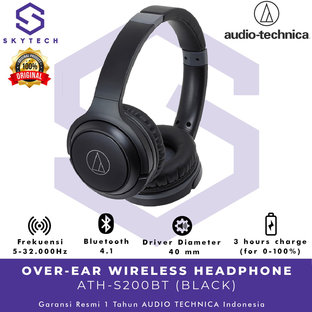 HEADSET BLUETOOTH AUDIO TECHNICA S200 BLACK ORIGINAL GARANSI RESMI