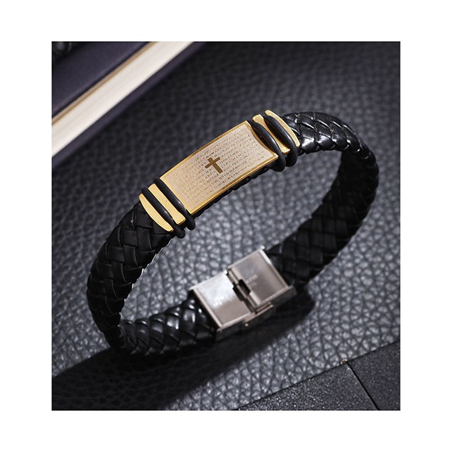 LRC Gelang Fashion Titanium Steel Leather Scripture Cross Bracelet Black D33284