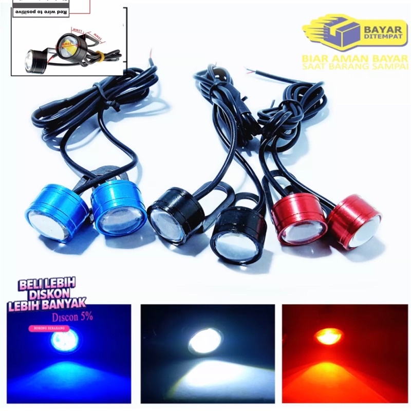 TERMURAH LED EAGLE EYE STROBO 3 LED DRL MATA ELANG FLASH  DENGAN BREAKET PUTIH MERAH BIRU HIJAU MANTAP