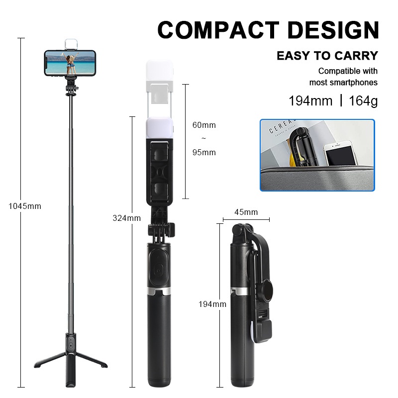 GROTIC Q02s Tripod Selfie Stick Fill Light Bluetooth Remote Tongsis 1045mm