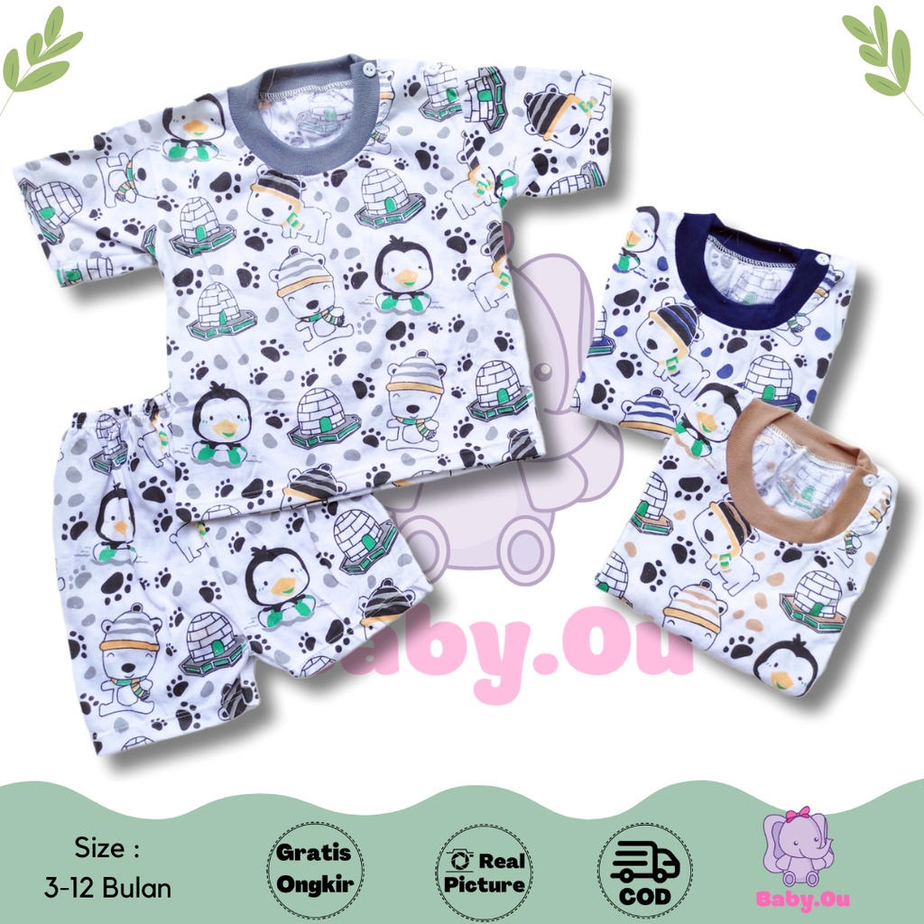 Setelan Baju Bayi Lengan Pendek Celana Pendek Motif Pinguin / Setelan Pendek Bayi Murah / Baju Bayi Pendek / Baju Harian Bayi / Baby.ou_