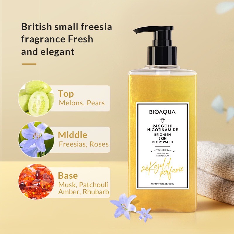 BIOAQUA 24K Gold Perfume Body Wash Sabun Mandi Cair Anti Acne Brightening Moisturizing Smooth Skin Long Lasting English Pear &amp; Freesia ORIGINAL BPOM READY COD