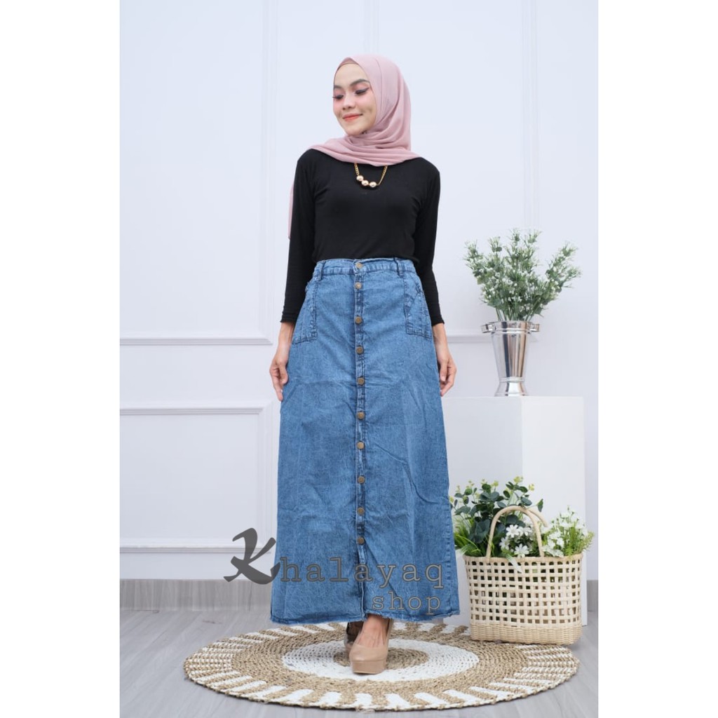 ORIGINAL Rok Jeans Panjang Gisca Kancing Depan Black Snow Blue Nevy bisa COD