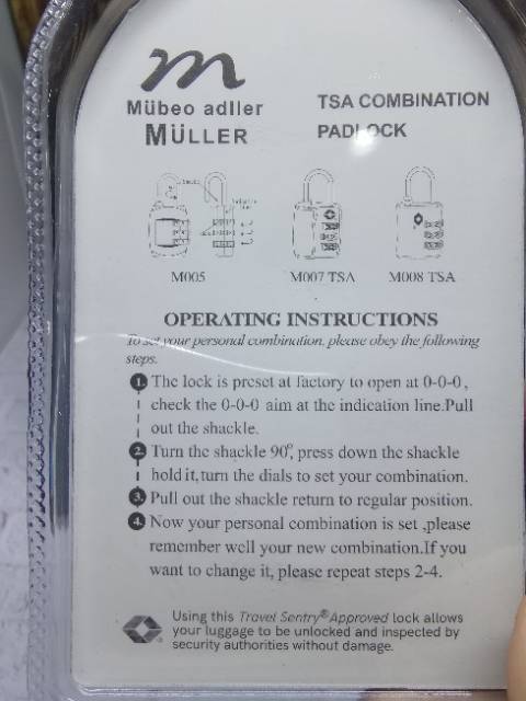 TSA Combination Padlock Muller - M008 / Gembok Tas Koper Pin Angka