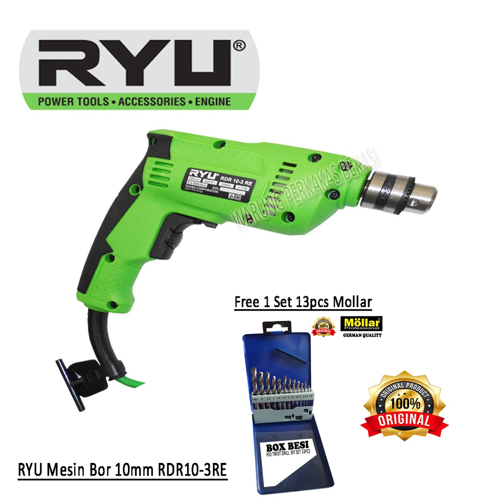 Tekiro Ryu Mesin Bor Tangan Listrik 10 Mm 10mm RDR10-3RE Free Mata Bor HSS Besi Set 13pcs