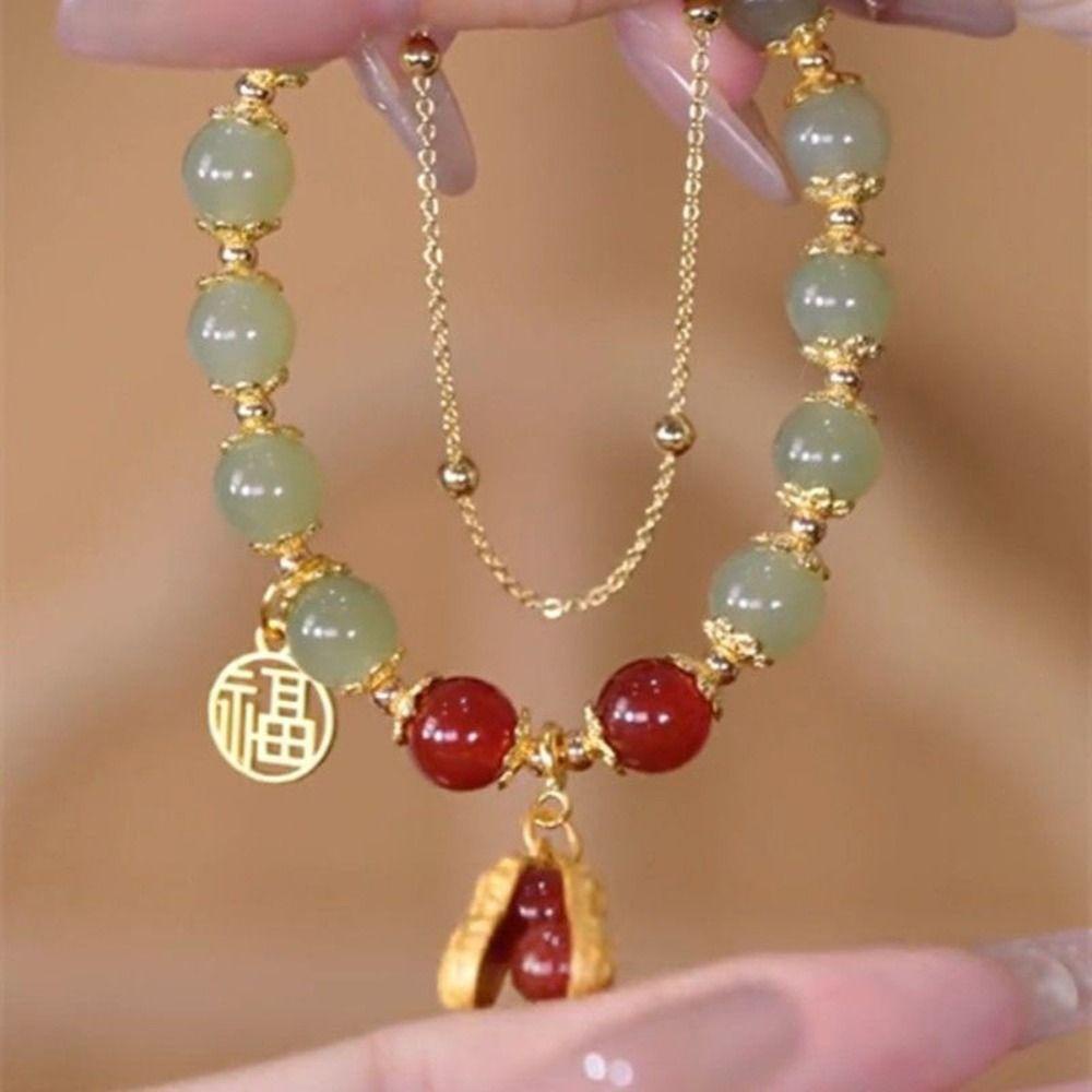 REBUY Rebuy Unisex Gelang Wanita Pasangan Hadiah Double Layer Gelang Karakter Keberuntungan Cina Warna Emas Rantai Niche Desain Manik-Manik Kaca Gelang Giok Imitasi