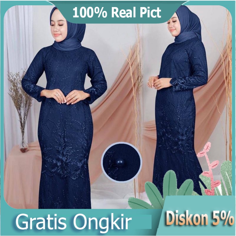Baju Pesta Wanita Muslim Kondangan Brukat Mewah Elegan Gaun Muslimah Terbaru 2021 2022 Model Duyung Maxy Elsa Bahan Brokat Fit L XL