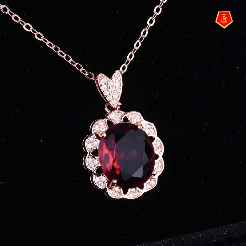 [Ready Stock]Micro-Inlaid Ruby Necklace Simple Women's Goose Egg-Shaped Banquet Pendant