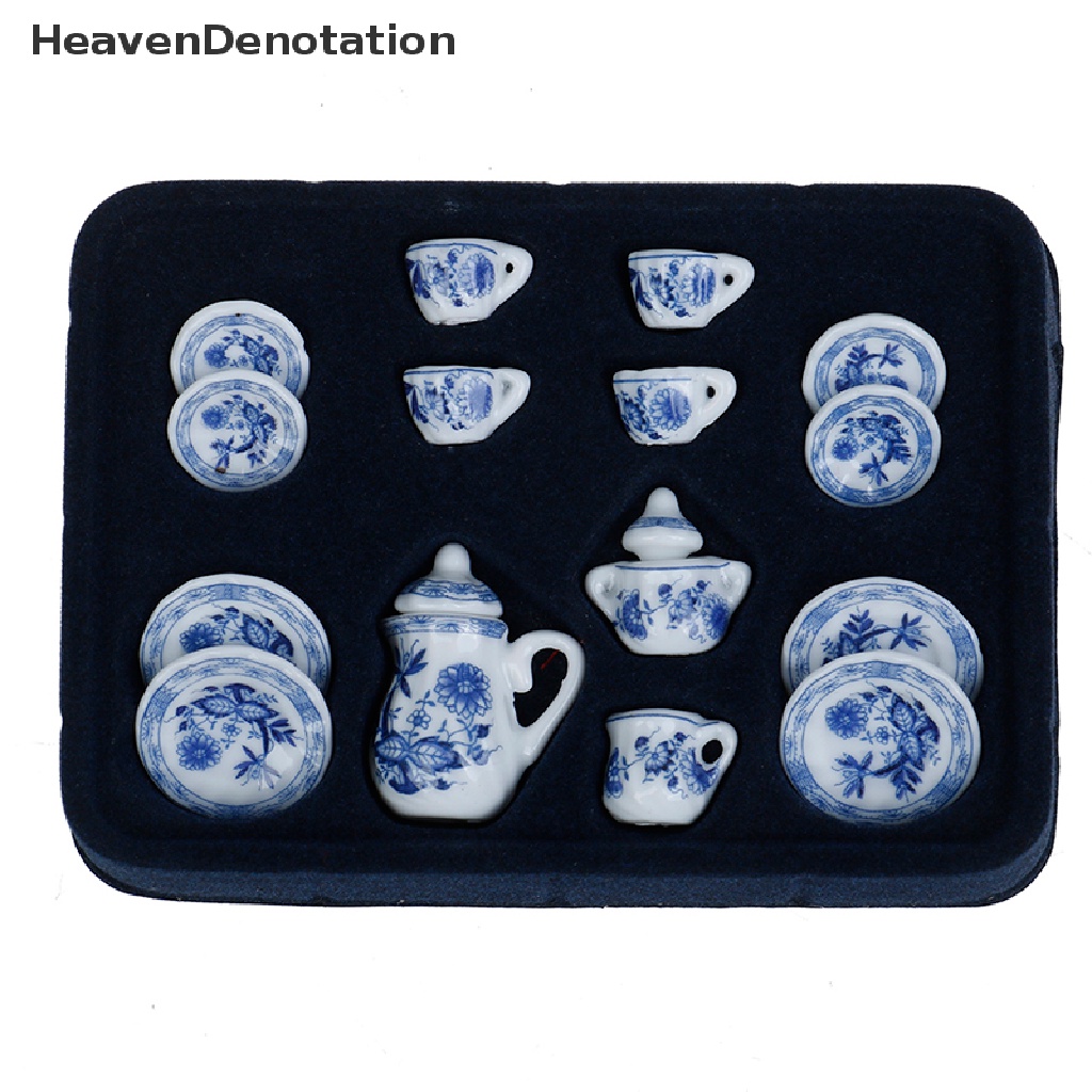 (Heavendenotation) 15pcs Miniatur Cangkir Teh / Kopi Porselen Motif Bunga Biru Skala 1: 12 Untuk Rumah Boneka