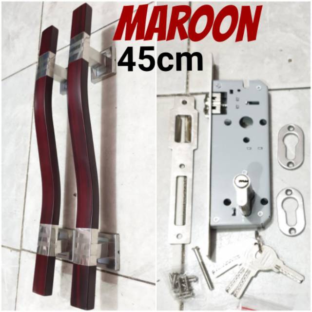 Paket handle pintu stainless 45cm maroon/ coklat/ full stainless 1set + body pelor