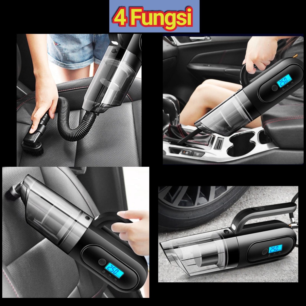 4in1 Vacuum Cleaner Mobil Portable Vacum Vakum Penyedot Debu + Pompa Angin Layar LED Digital