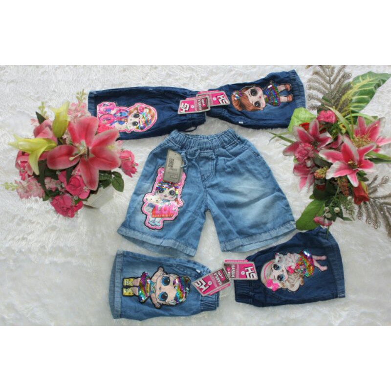 Celana Pendek Anak / Celana Jeans Pendek / Celana Hot Pant sJeans Karekter Boneka LED Size 4 5 6 / M L XL (usia 4-9 tahun)