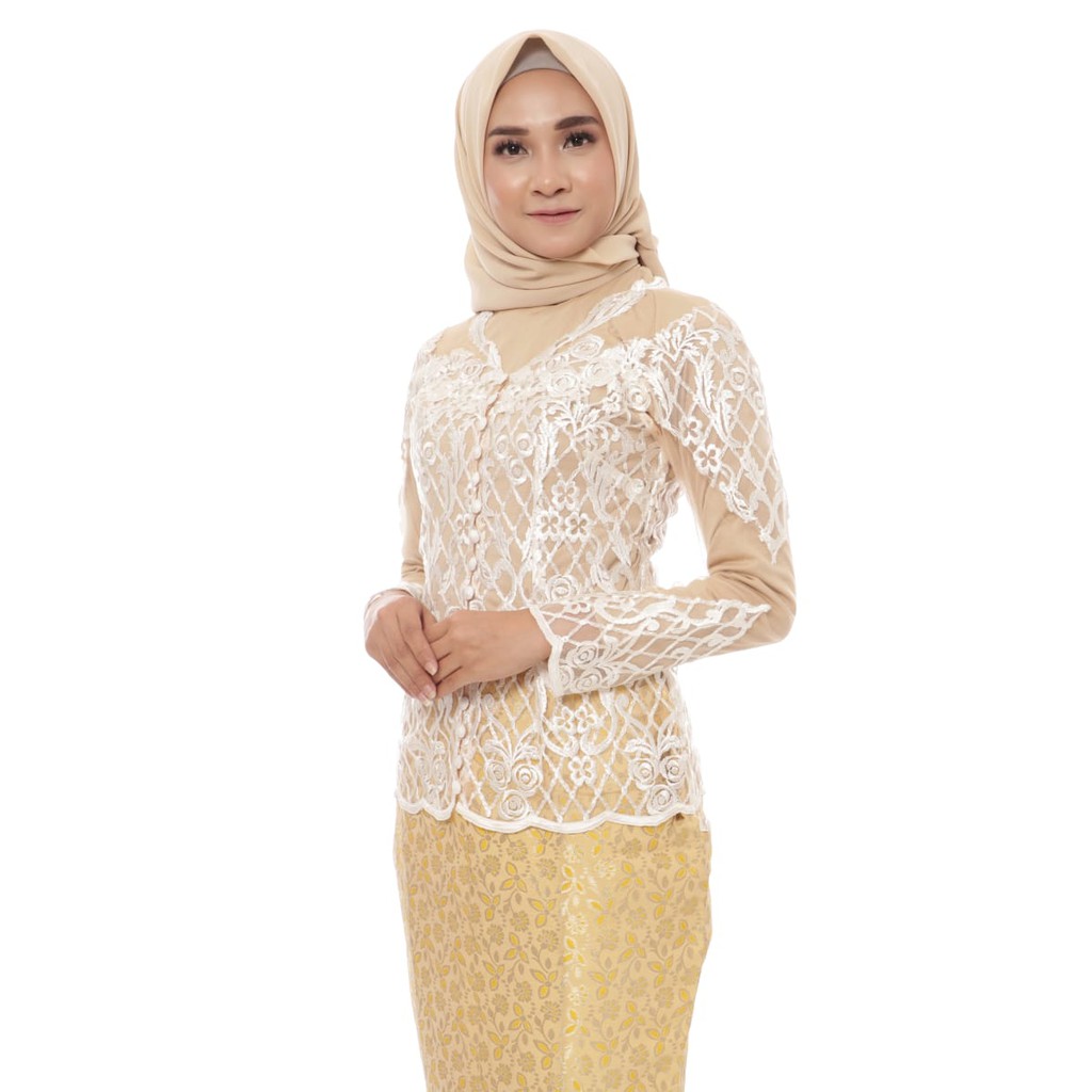 Kebaya Wisuda Modern Putih Hijab Lengan Panjang 232