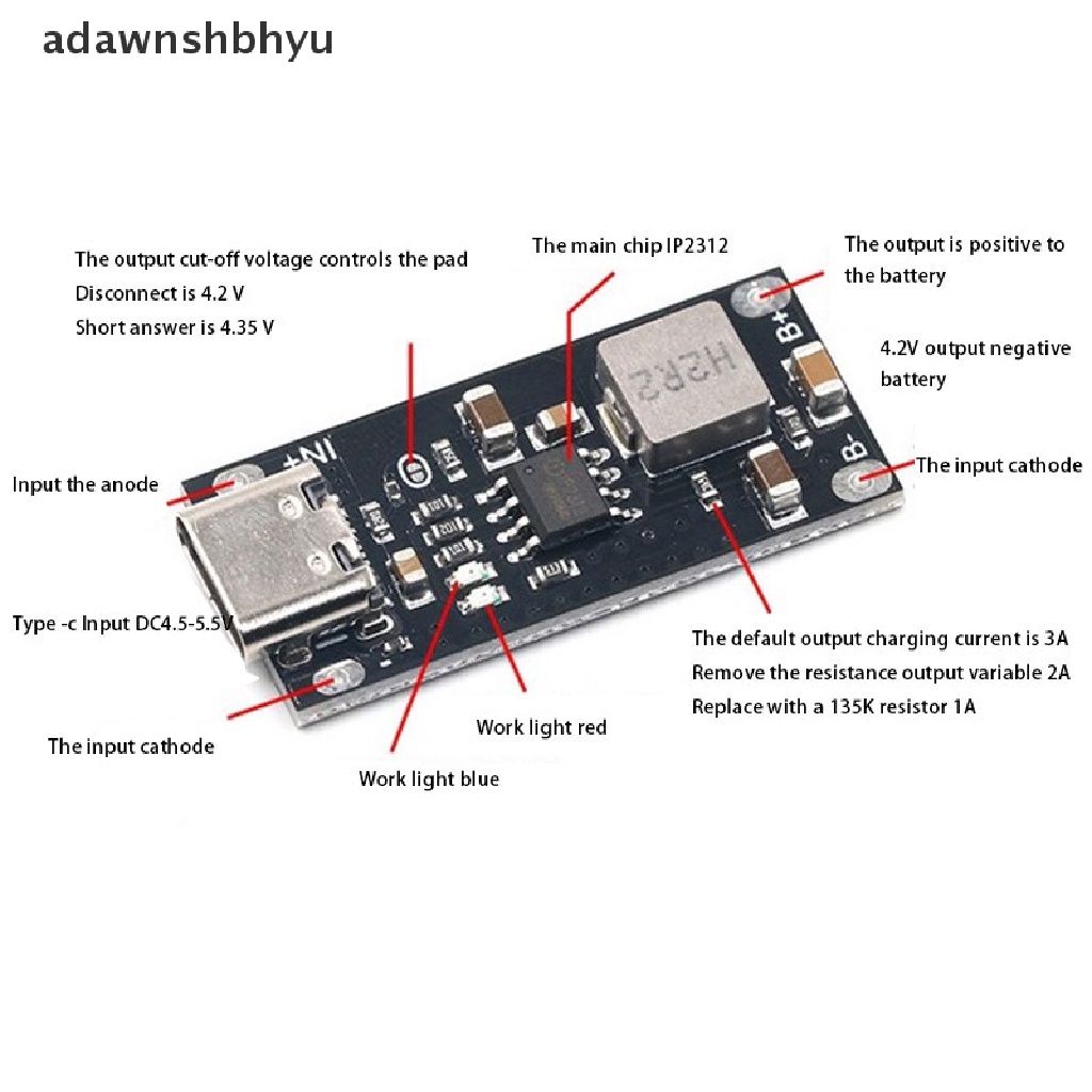 Adawnshbhyu Type-C USB 5V 3A 3.7V 18650papan Pengisian Baterai Lithium Li-ion Charger Modul