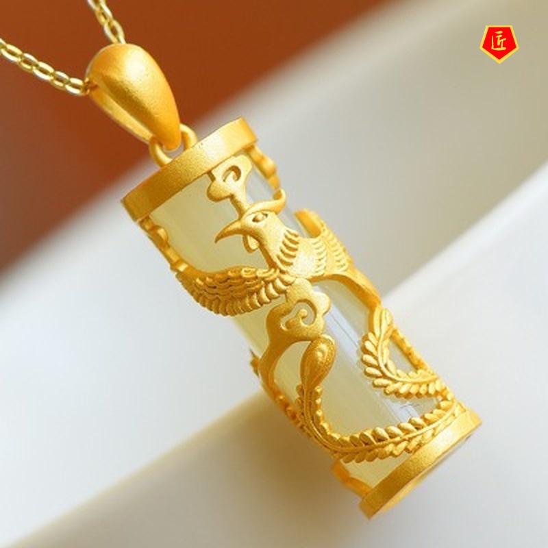 [Ready Stock]Hetian Jade Dragon and Phoenix Column Pendant Men's and Women's Zodiac Jade Necklace