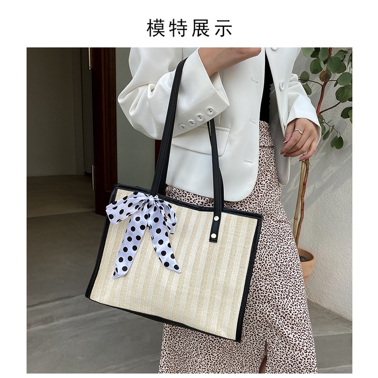 Drozenb Tas Tote Wanita Bahan Anyam Jerami Model Korea/Totebag Fashion Korea Bahan Anyaman Motif Garis/Tas Anyaman Korea Motif Garis/Tas Pantai Korea