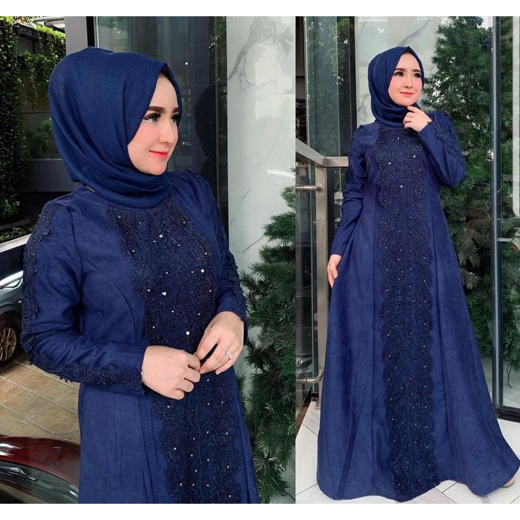 XC - Dress Brokat Linken / Dress Maxi Jumken / Fashion Muslim Model Brukat Idul Fitri-Navy