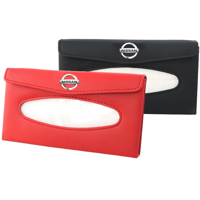 Kualitas tinggi Universal Mobil Sun Visor Tissue Box Holder PU Kulit Kotak Tisu Cover Case Aksesoris Untuk Nissan logo Qashqai J10 J11 X-Trail t32 Tiida Almera Teana