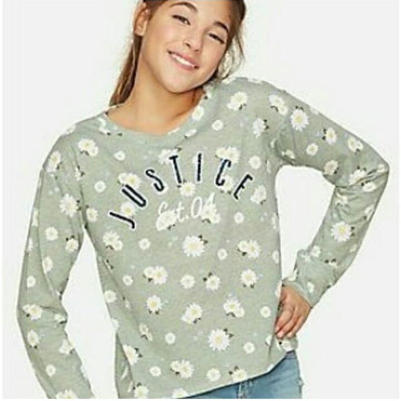 justice long sleeves tee/ kaos lengan panjang anak perempuan warna hijau motif bunga daisy