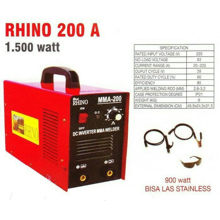RHINO 200 A Mesin Las Listrik Inverter Travo MMA 900 Watt bisa untuk genset