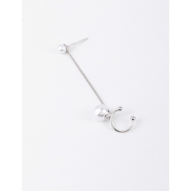 LRC Anting Tusuk Fashion White (single) Pearl Long Chain Ear Clip D94712