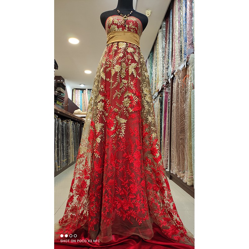 Kain Tile Brokat Lace Two Tone Bridal GOLD MERAH