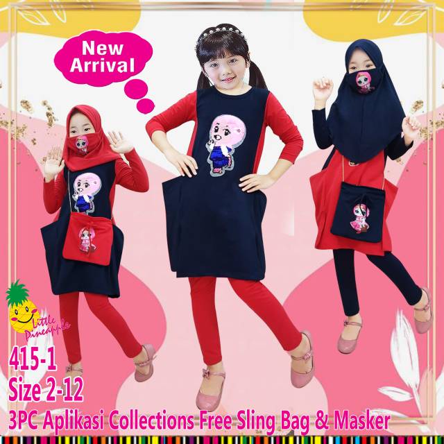 Baju anak little pineaple set tunik sequin  free masker dan tas untuk umur  3~8 tahun
