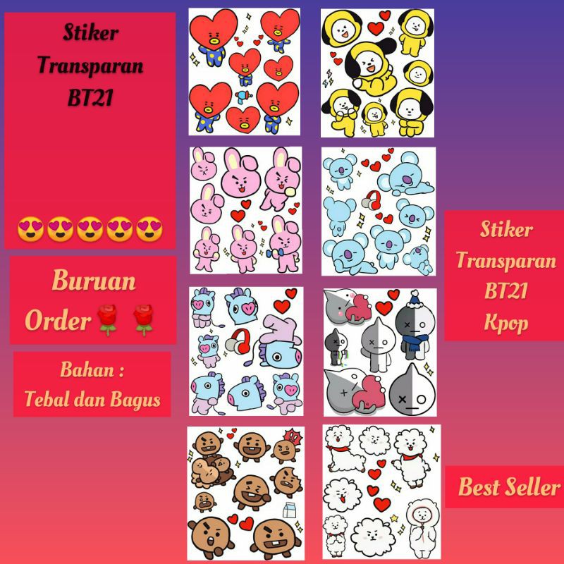 

STICKER STIKER TRANSPARAN BT21 KPOP (VAN, CHIMMY, COOKY, SHOOKY, KOYA, TATA, RJ, MANG)