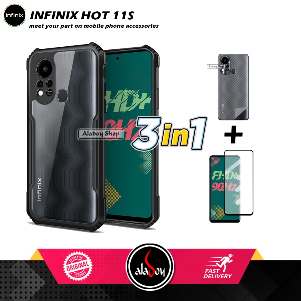 Case Infinix Hot 11S Armor Fushion Transparent Casing + Tempered Glass Full Layar dan Skin Carbon