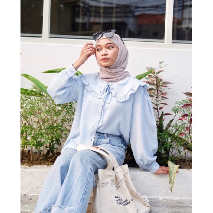 Eloca.co Ha ri Blouse Wanita Atasan Vintage-Sky Blue