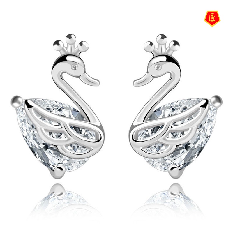 [Ready Stock]Lady Temperament Crown Swan Small Ear Studs