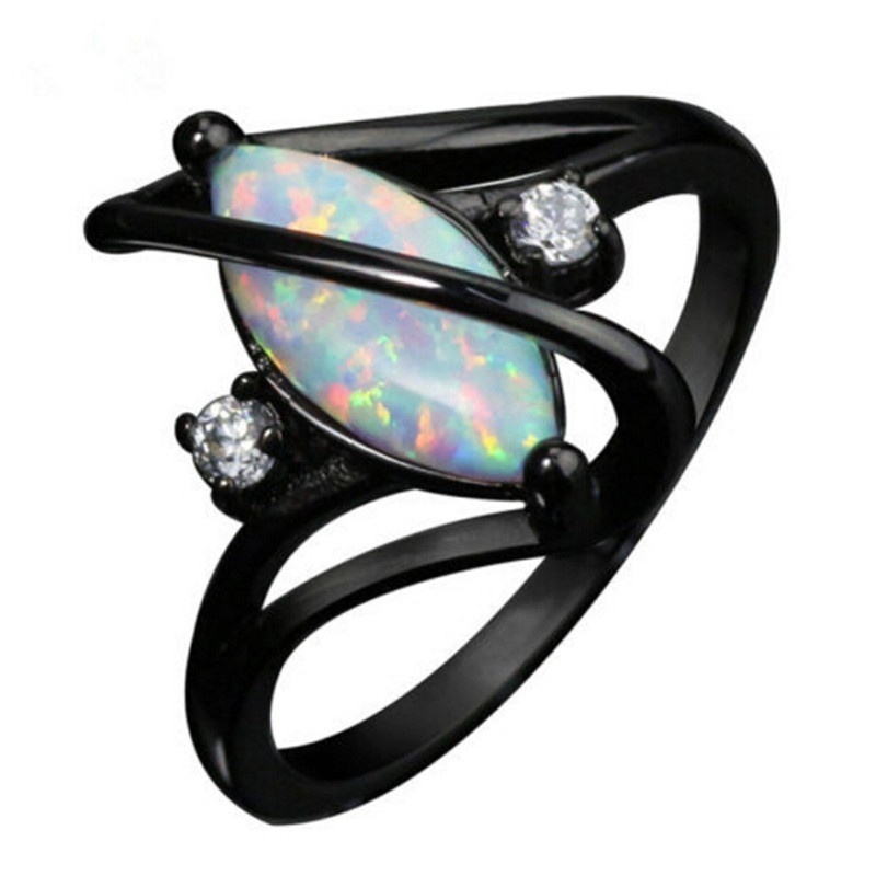 Fashion Black Gold Filled White Fire Opal Ring Suitable for Women's Wedding Ring Crystal Black Diamond Ring Luxury Jewelry