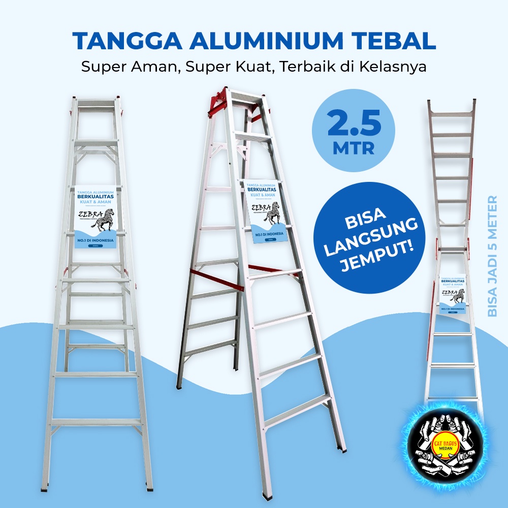 tangga aluminium zebra 2 5 meter tebal   kuat kualitas bagus   tangga lipat aluminium ladder a i 250