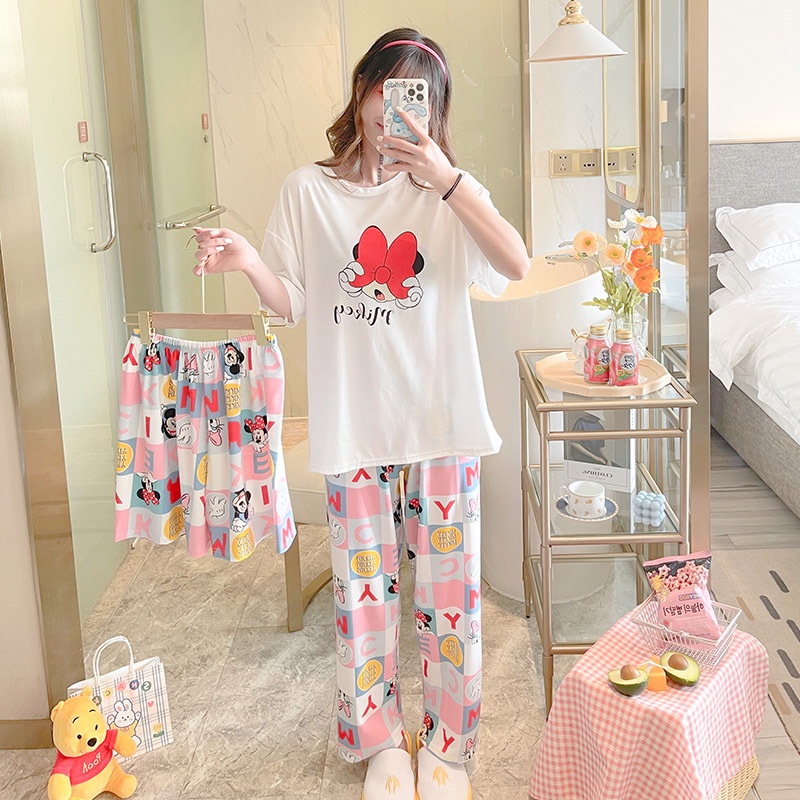 Baru set Baju Tidur Wanita Dewasa Oversize Piyama Bahan Kaos Celana Panjang & Pendek Setelan Baju Tidur 3IN1 Setelan Piyama-Ribbon Mickey
