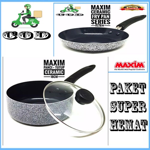 promo 2pcs Maxim Neostone Wajan Panci Saucepan 18 Cm + 22 frypan Ceramic Marble Anti Lengket + Tutup Kaca