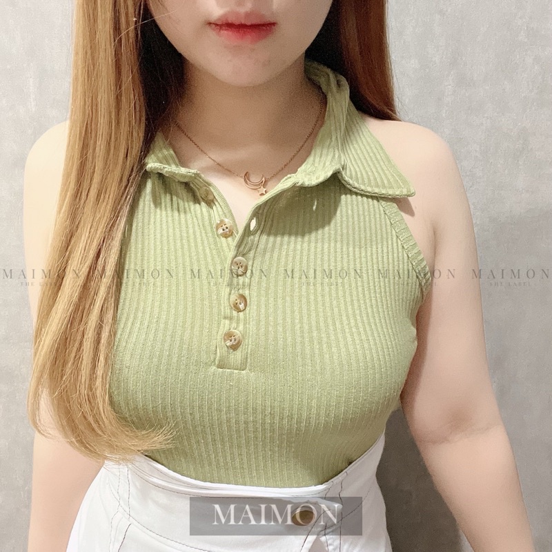 Collar Button Tank Blouse | Knit Tanktop Crop Top Atasan Wanita | Maimon Grosir