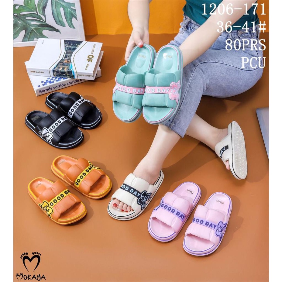 Sandal Slop Jelly Wanita Korea Sol Tebal Ban Good Day Pita Samping Kekinian Cantik Lucu Import Mokaya / Size 36-41 (1206-171)