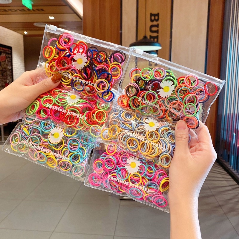Delunashop IKAT RAMBUT KOREA 100PCS FREE POUCH Karet Warna Polos Gelang Tali Kunciran Aksesoris Anak Kuncir