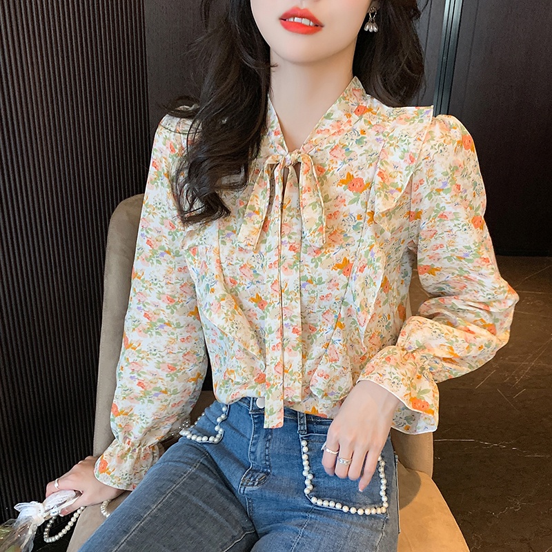 COD 2022 Green Orange Fashion Korea Style Lengan Panjang Blus Wanita Musim Panas Casual Blouse Motif Bunga Bahan Sifon Warna Atasan Kemeja Wanita